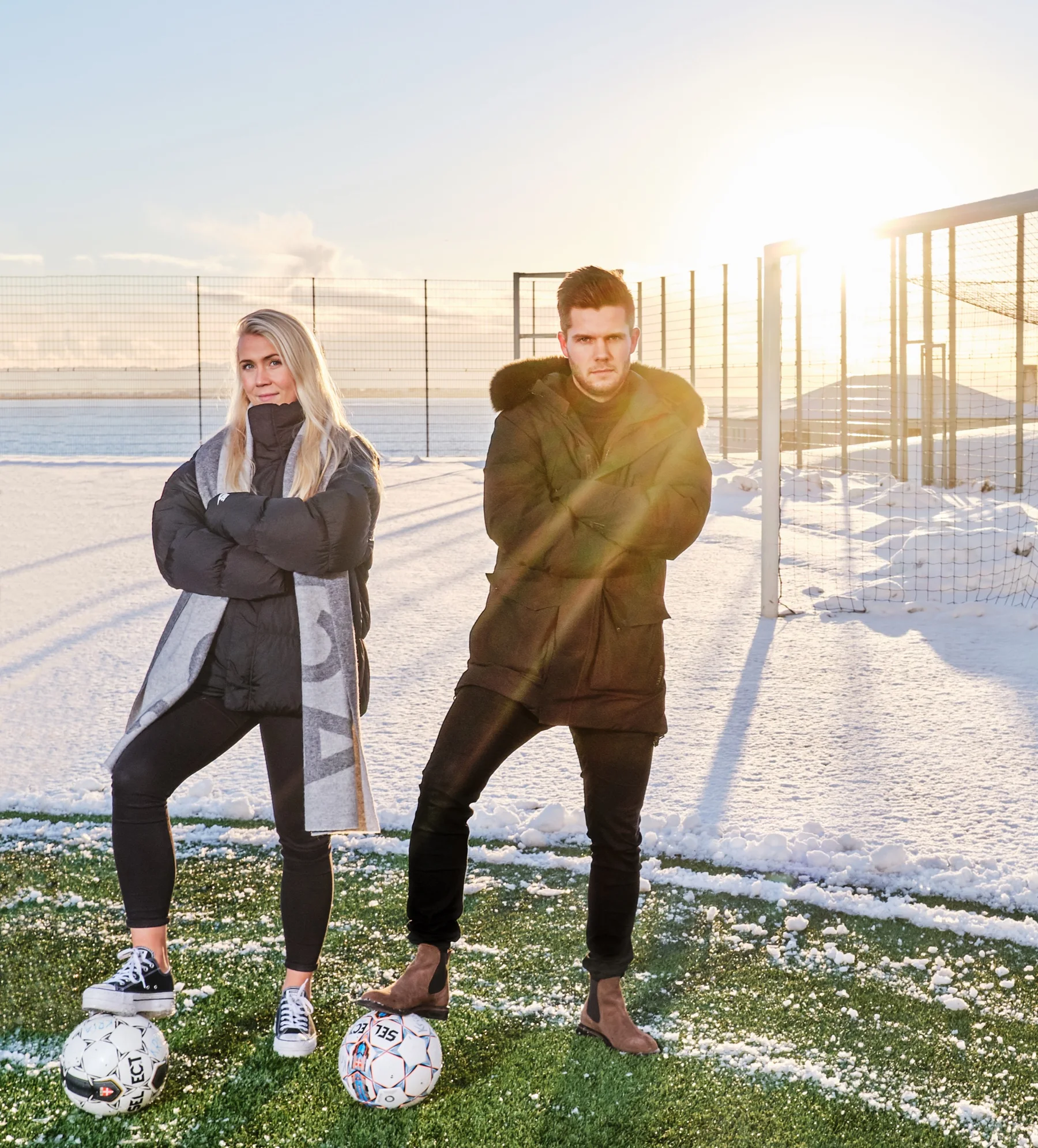 Founders Jóna Kristín Hauksdóttir and Brynjar Benediktsson on a soccer pitch